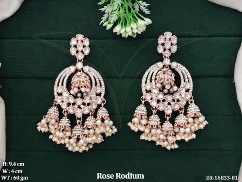 Antique Designer Rose Rodium Polish Full Stone Jhumka Earrings   
