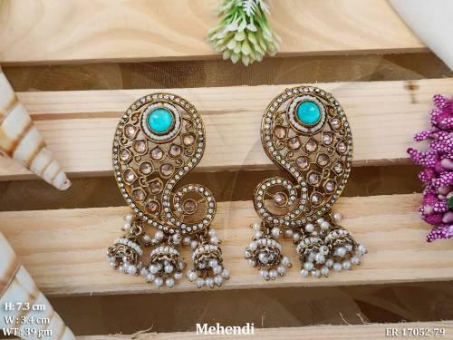 Antique Clustered Pearl  Mehendi Polish Full Stone Party Wear Earrings
