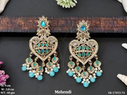 Beautiful  Mehendi Polish Full Stone Clustered Pearl Earrings   