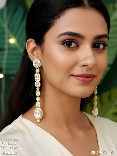 Premium Crystal Long Earrings in Antique Gold Mehandi Finish Oval Stone Party Wear Earrings