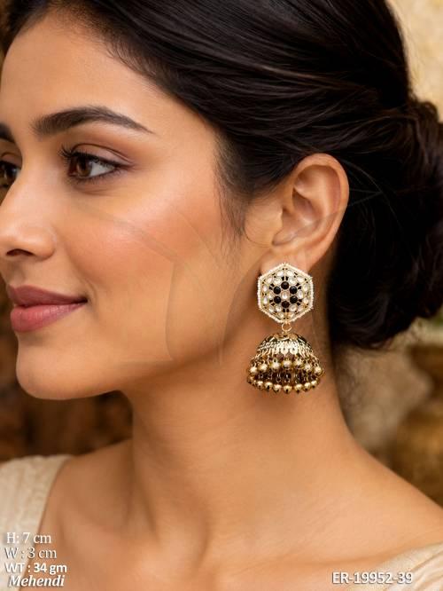 Designer Mehendi Polish Kundan Jhumka Earrings