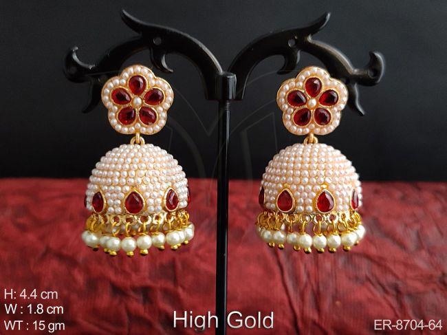 Designer Beautiful Clustered Pearl High Gold Polish Fancy Style Party wear Jhumka Earrings