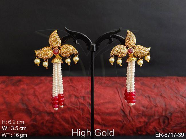 Designer Fancy High Gold Polish Clustered Pearl full white Stones Antique Party wear Long Earring