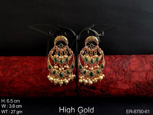 Beautiful Fancy Style Designer High gold Polish Party wear Clustered Pearl Tassel Chand Bali Shape Earring