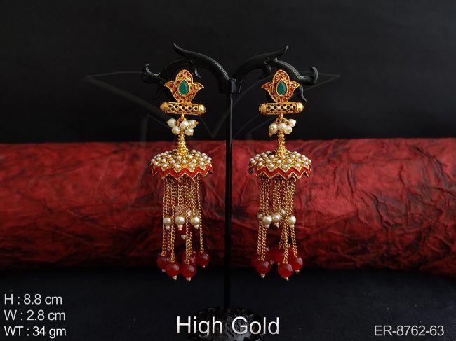 high gold polish beautiful clustered pearl tassels antique design fancy style party wear fashion long earring