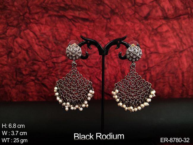 Black Rodium Polish  Designer Clustered Pearl Tassels Beautiful Fancy Style Party wear Earring