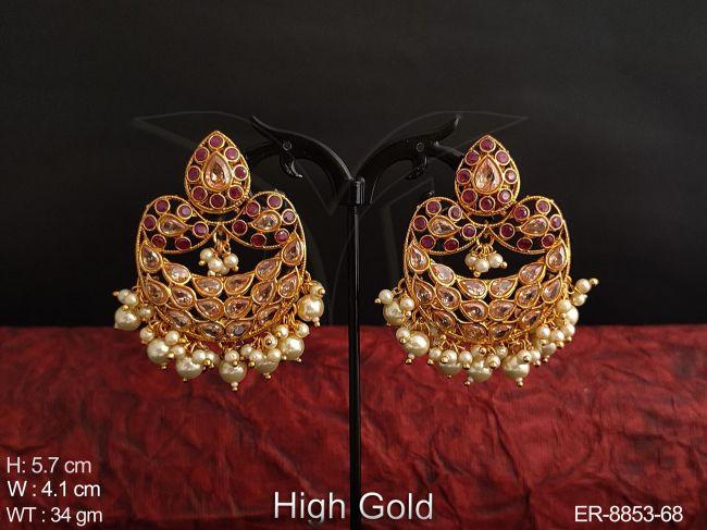 Full Antique White Stones Clustered Pearl Tassels Beautiful High Gold Polish Fancy Party wear Earring / Studs / Tops