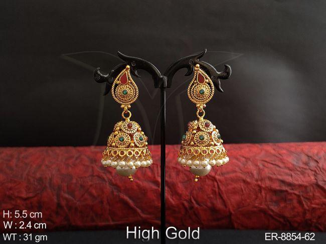 Antique Full white Stones Designer High Gold Polish Clustered Pearl Beautiful Party wear Jhumka Earring