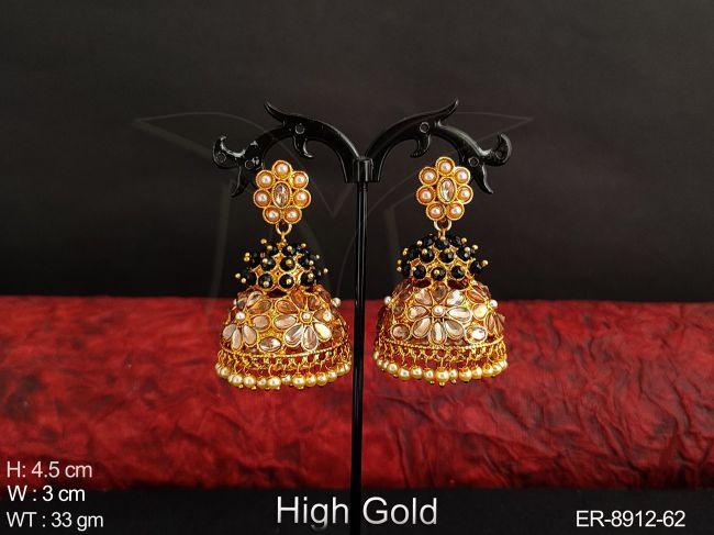 Antique Beautiful Full white Stones Clustered Pearl Designer High gold Polish Party wear Jhumka Earring