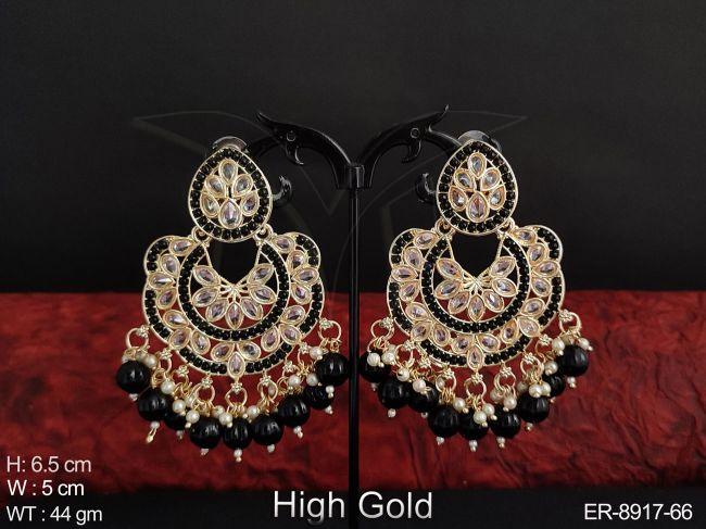 Designer Antique full white stones Clustered pearl Chand Bali Party  wear Long Earring