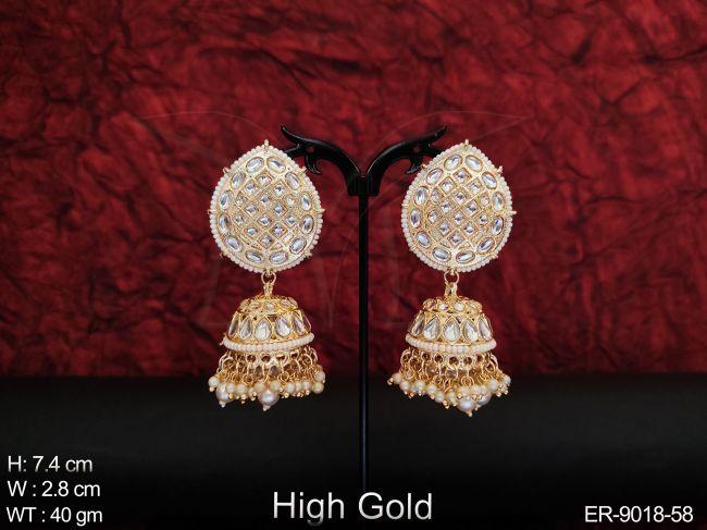 Antique Full White Stones Clustered Pearl Tassels High Gold Polish Designer Fancy Party wear Jhumka Earring