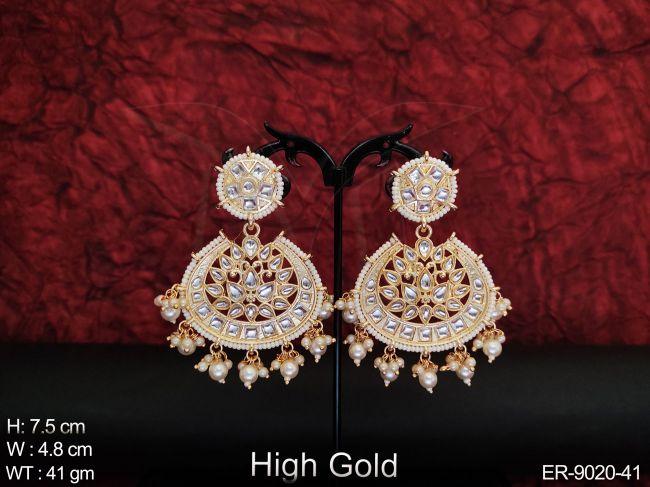 Designer High Gold Polish Fancy Style Antique Full white Stones Party wear Long Earring