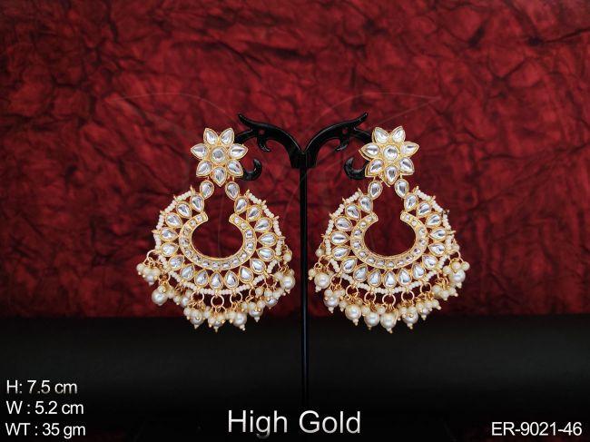 High Gold Polish Antique Full White stones Clustered Pearl Fancy Style Party wear Long Earring