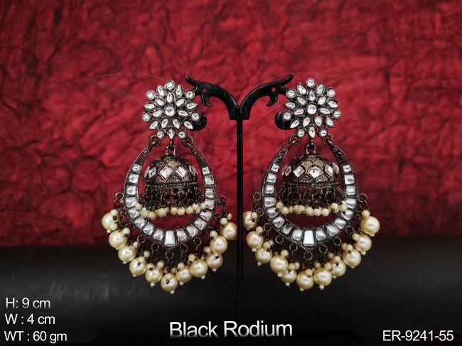 Black Roudium Polish Designer Fancy style Clustered Pearl party wear Long Earring