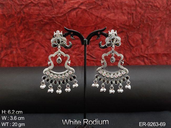 clustered pearl white rodium polish designer fancy long earring