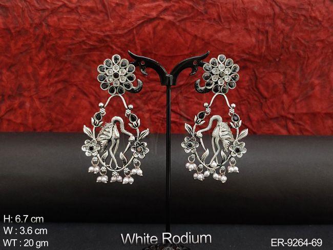 Designer Clustered Pearl White Rodium Fancy Style Party wear Long Earring