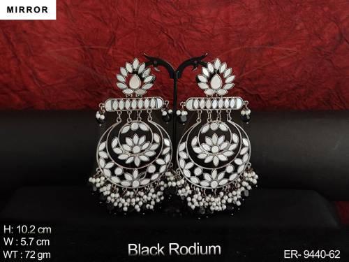 Designer Fancy Style Black Rodium Party wear Long Mirror Earring