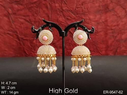 Designer Fancy Style Clustered Pearl Party wear Long Jhumka Earring 