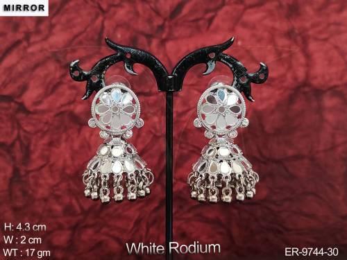 Beautiful White Rodium Polish Designer Party wear Mirror Jhumka Earring 