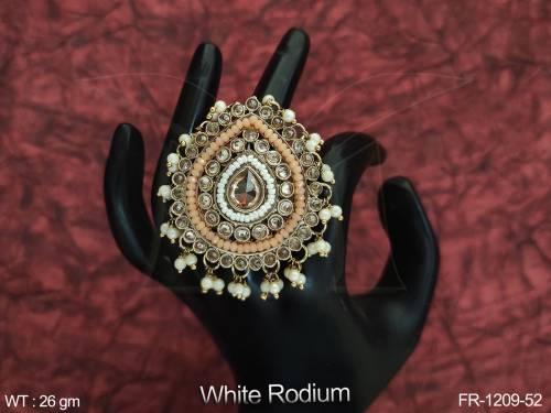 Full Stones Clustered Pearl Designer White Rodium Polish Party wear Finger Ring
