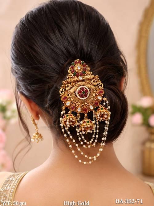 High Gold Antique Floral Juda Pin with Pearl Jhumki