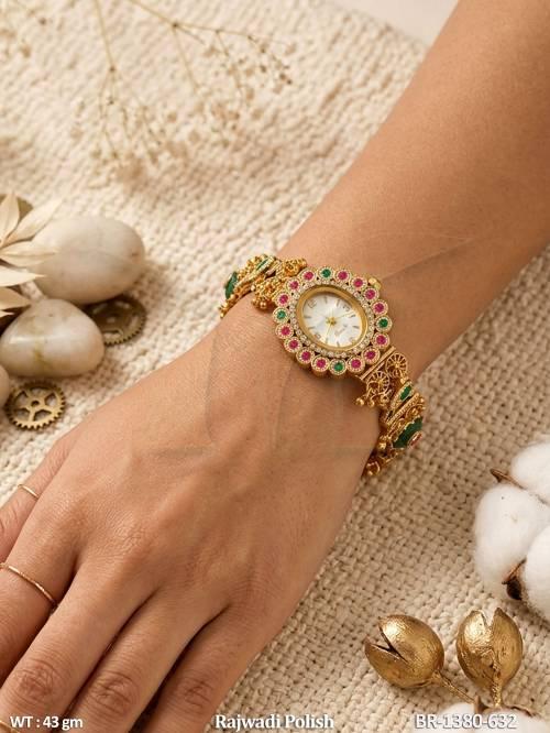 Antique Gold Finish Emerald Bracelet Watch