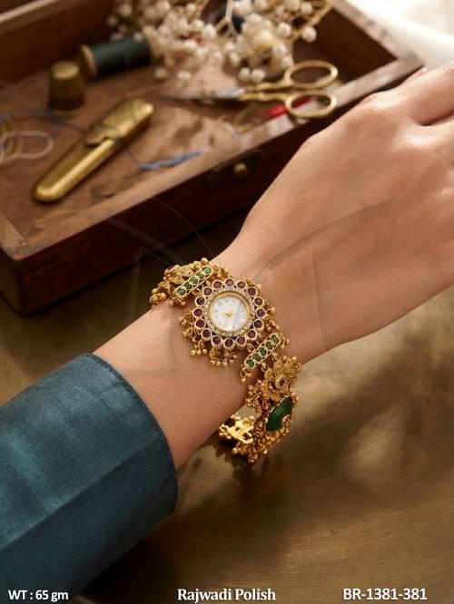 Rajwadi Antique Green Ruby Stone Designer Bracelet Watch