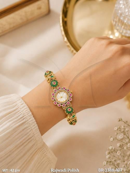 Emerald Green Ruby Floral Designer Bracelet Watch