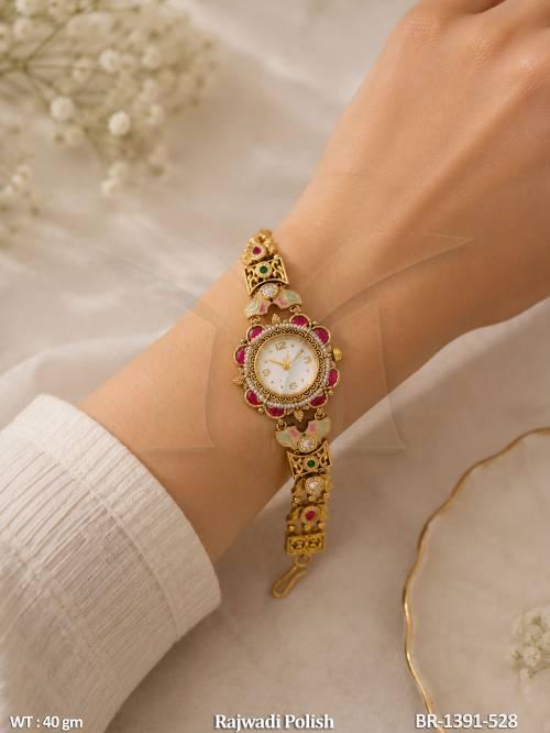 Vintage Inspired Ruby Green Stone Designer Bracelet Watch