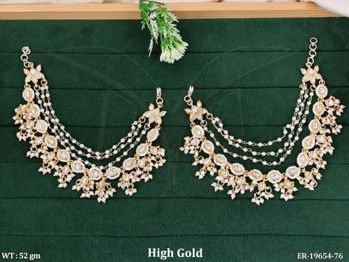 High Gold Kundan Kaan Chain Earrings Set