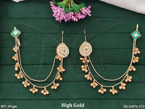 Antique Designer High Gold Polish Full Stone Kaan Chain Earrings  