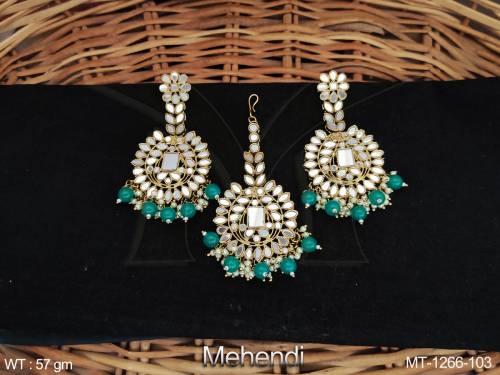 Antique Jewellery Beautiful Design Mehendi Polish Maang Tikka Earrings  — MT-1266-103