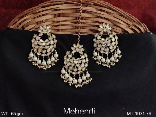 Mehendi Polish Designer Fancy Style Antique full Stones Maang tikka With Earring — MT-1031-76
