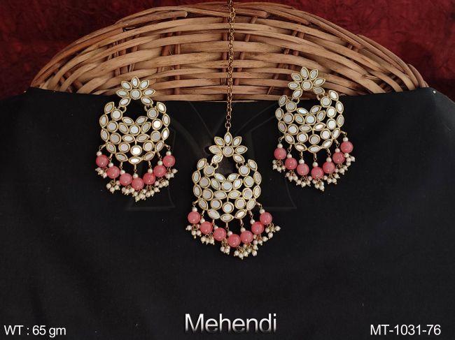 Mehendi Polish Designer Fancy Style Antique full Stones Maang tikka With Earring — MT-1031-76