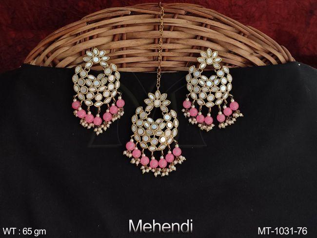 Mehendi Polish Designer Fancy Style Antique full Stones Maang tikka With Earring — MT-1031-76