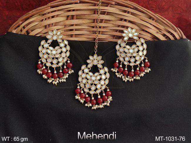 Mehendi Polish Designer Fancy Style Antique full Stones Maang tikka With Earring — MT-1031-76