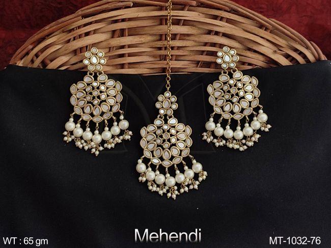 Antique Full Stones Clustered Pearl Tassels Designer Maang Tikka With Earring — MT-1032-76