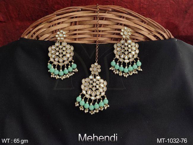 Antique Full Stones Clustered Pearl Tassels Designer Maang Tikka With Earring — MT-1032-76
