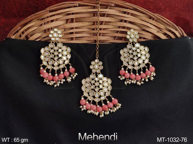 Antique Full Stones Clustered Pearl Tassels Designer Maang Tikka With Earring — MT-1032-76