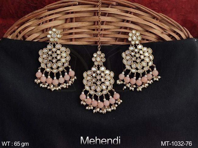 Antique Full Stones Clustered Pearl Tassels Designer Maang Tikka With Earring — MT-1032-76