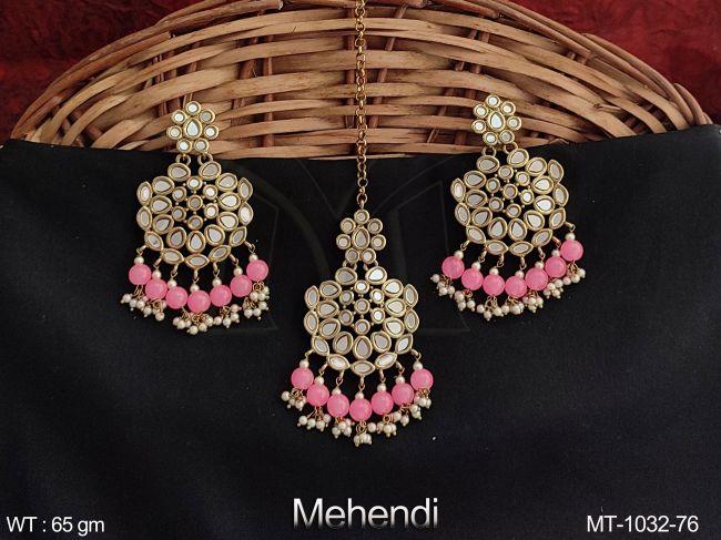 Antique Full Stones Clustered Pearl Tassels Designer Maang Tikka With Earring — MT-1032-76