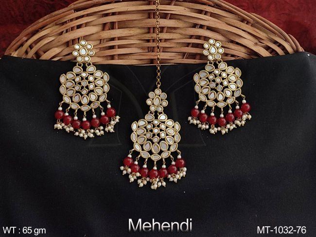 Antique Full Stones Clustered Pearl Tassels Designer Maang Tikka With Earring — MT-1032-76