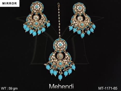 Mehendi Polish Fancy Style Mirror Design Party wear Maang Tikka with Earring 