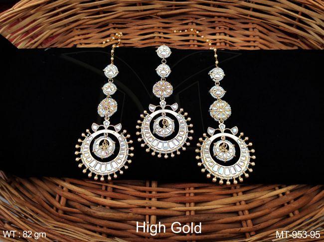 Designer High Gold Polish Fancy style Antique white stones Beautiful Party wear Maang Tikka with Earring