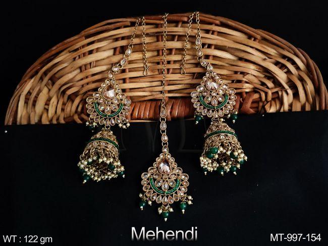 Antique full white stones Beautiful Mehendi Polish Clustered Pearl Tassels Maang Tikka with Earring