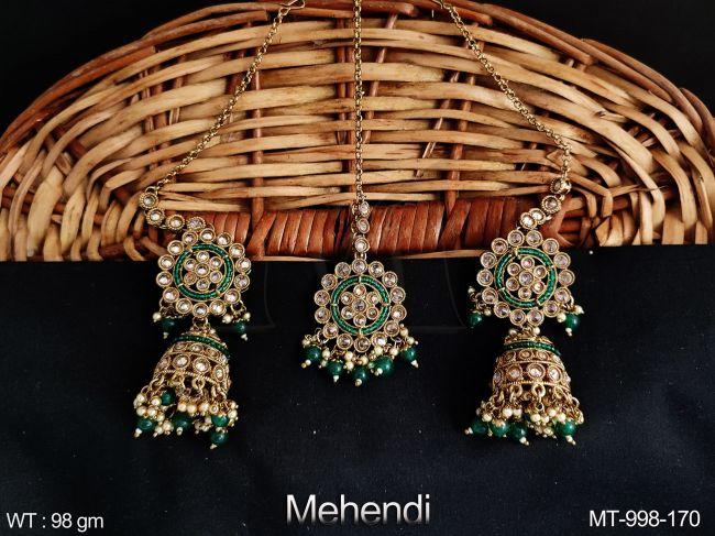 antique designer fancy style beautiful full white stones mehendi polish party wear maang tikka with earring
