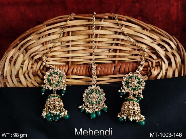 POLKI FULL STONE MEHENDI ROUND SHAPE POLISH MAANG TIKKA WITH EARRING
