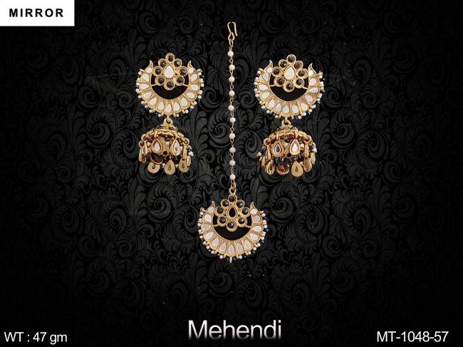 Mirror Design Beautiful Party wear Mehendi Polish Maang Tikka with Earring