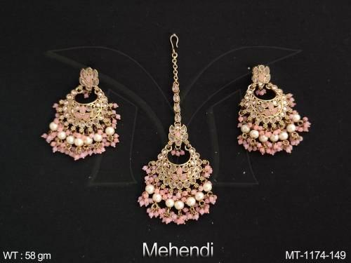 Mehendi Polish Designer Party wear Antique Beautiful Maang Tikka with Earring
