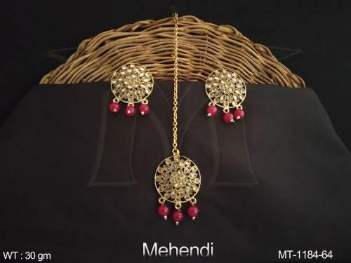 Beautiful Design Mehendi Polish Party wear Antique Maang Tikka with Earring  — MT-1184-64